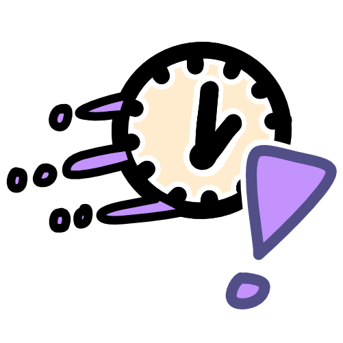 An off white clock next to a large purple exclamation mark has purple marks behind it, indicating fast motion. The image has dark line art.